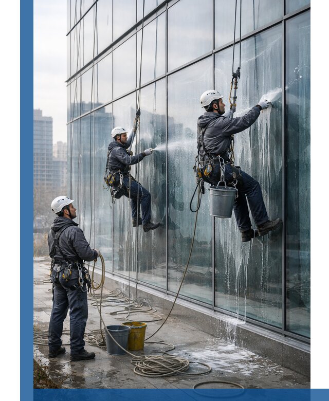 Промышленная мойка панорамных окон на высоте в Глазове