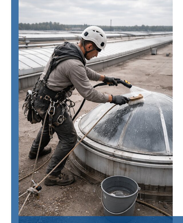 Мойка зенитных фонарей на кровле для промышленных объектов в Глазове