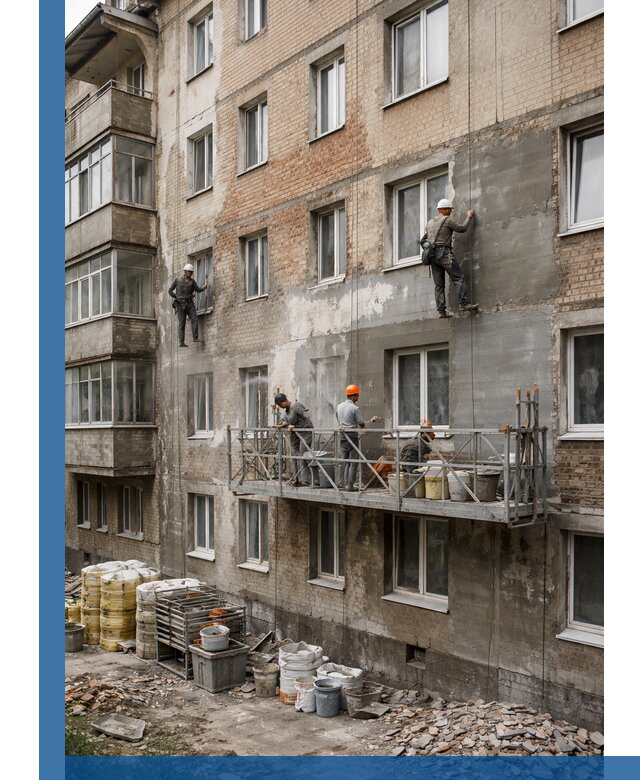 Капитальный ремонт фасада в Глазове с восстановлением и гидроизоляцией