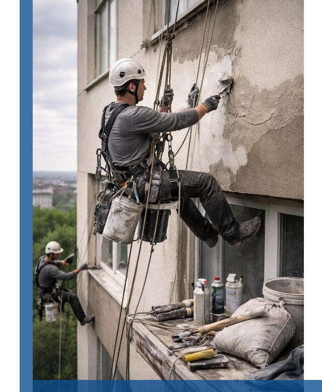 Косметический ремонт фасада зданий в Глазове промышленными альпинистами