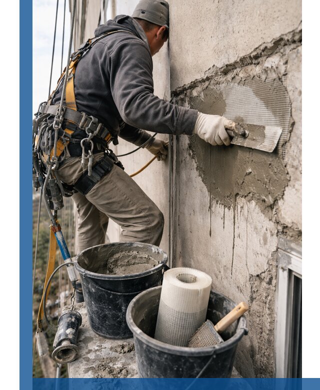 Ремонт бетонных элементов фасада промышленными альпинистами в Глазове