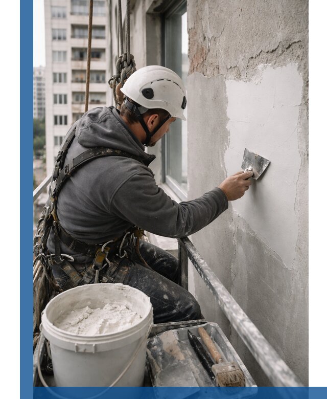 Шпаклевка фасадов на высоте с промальпинистами в Глазове