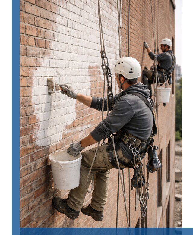 Покраска кирпичного фасада с доступным альпинистским сервисом в Глазове