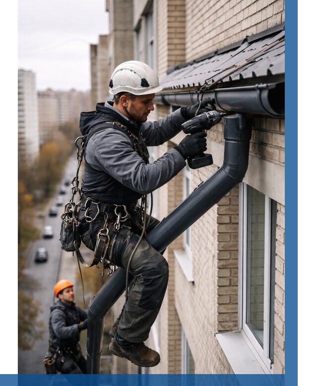 Монтаж водосточной системы на здании в Глазове от 5102 р. | ВЫСОТНИК-Глз