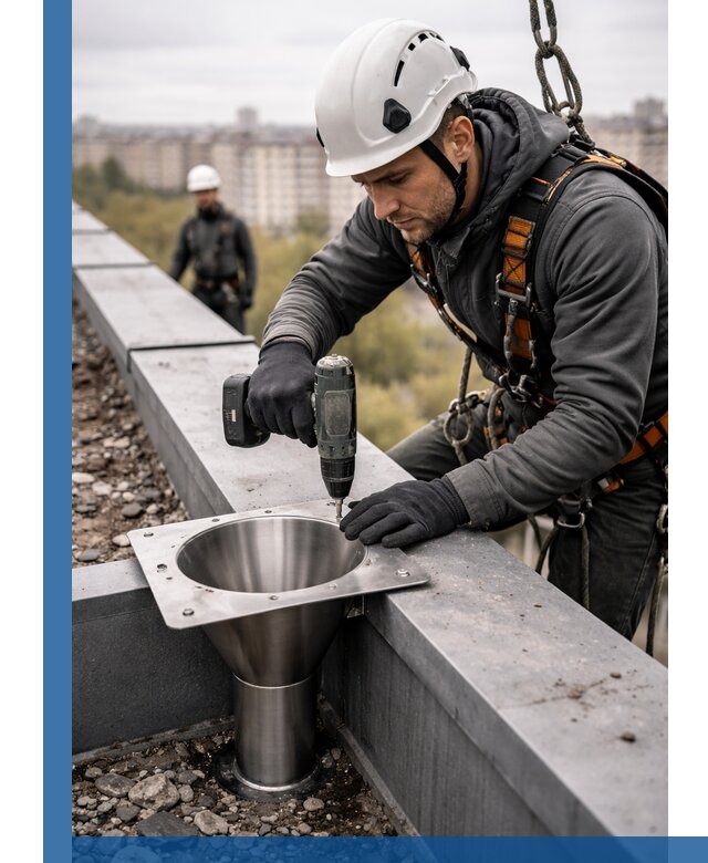 Монтаж водосточных воронок в Глазове для промышленных зданий