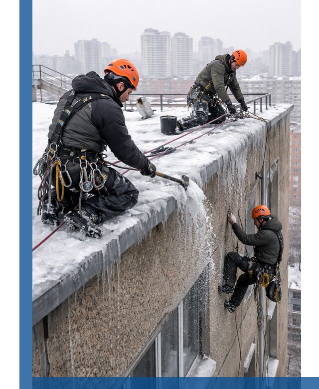 Удаление наледи с кровли в Глазове промышленными альпинистами