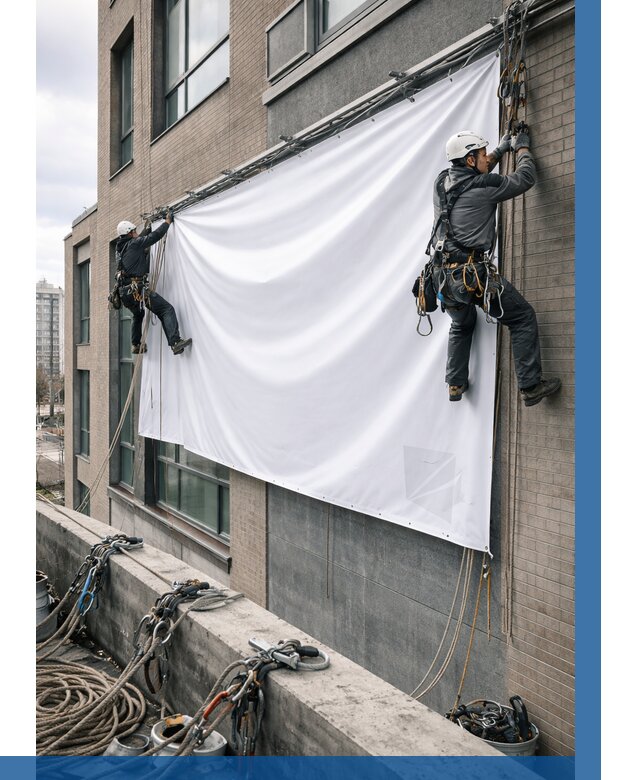 Монтаж баннеров на фасаде в Глазове от 663 р. заказать ВЫСОТНИК-Глз