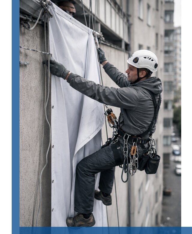 Замена баннерного полотна промышленными альпинистами в Глазове