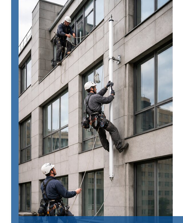 Монтаж флагштока на фасаде здания с креплением и герметикой в Глазове