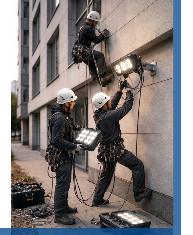 Монтаж прожекторов на фасаде в Глазове от 7652 р. | ВЫСОТНИК-Глз