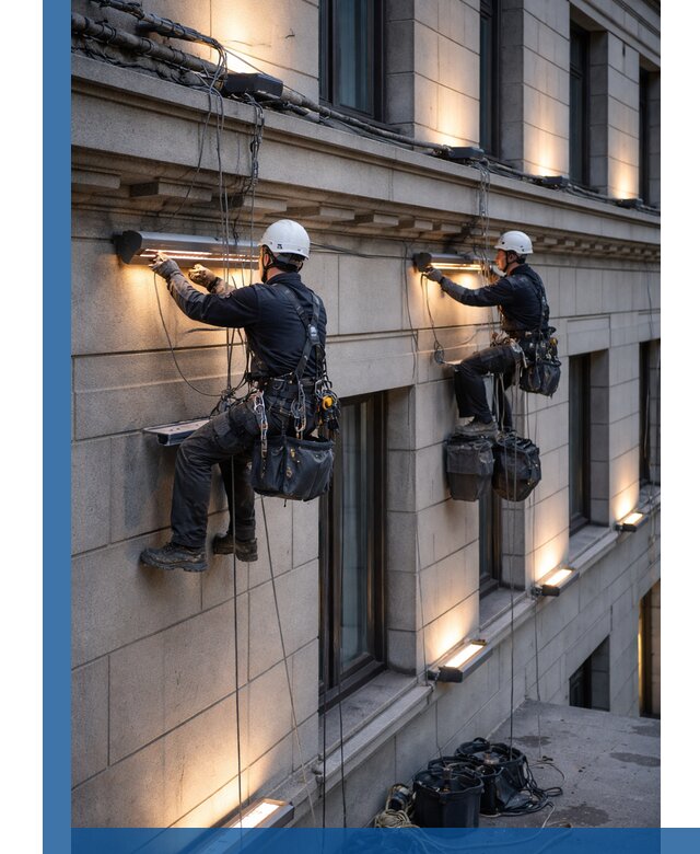 Монтаж архитектурной подсветки фасадов зданий в Глазове