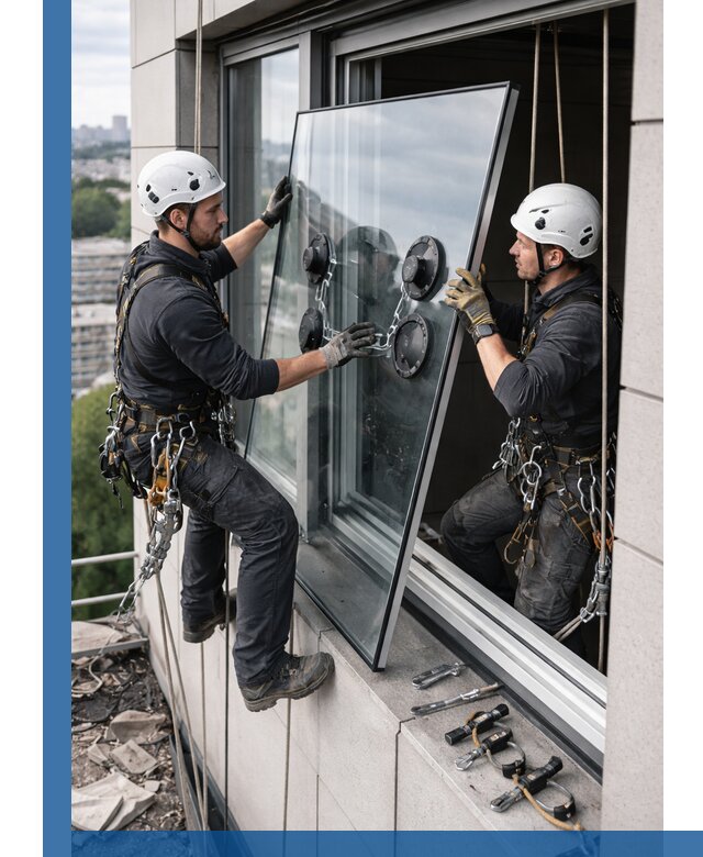 Замена стеклопакетов на высоте с промышленными альпинистами в Глазове