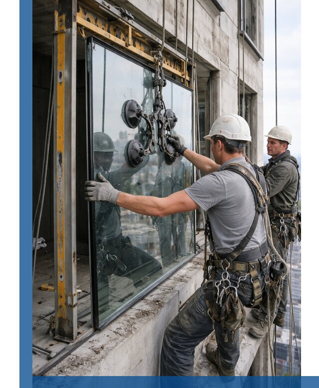 Монтаж стеклопакетов на высоте в Глазове с промышленным альпинизмом