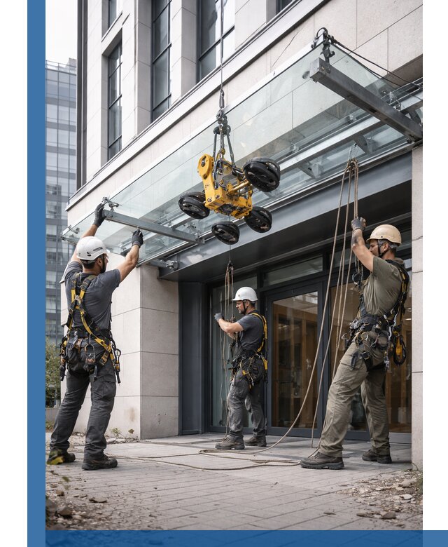 Монтаж стеклянных козырьков под ключ в Глазове для зданий