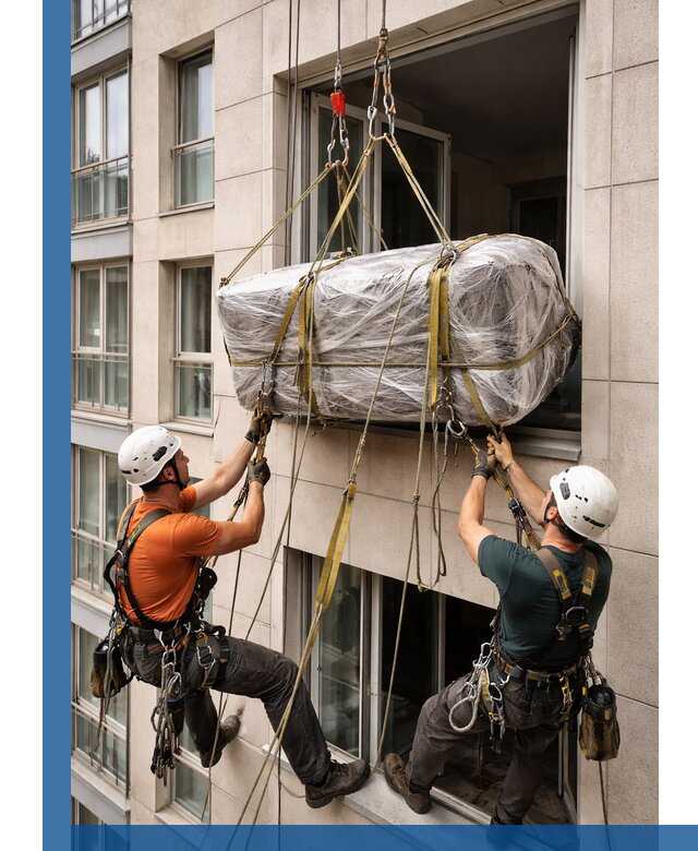 Подъем грузов через окно в Глазове промышленными альпинистами