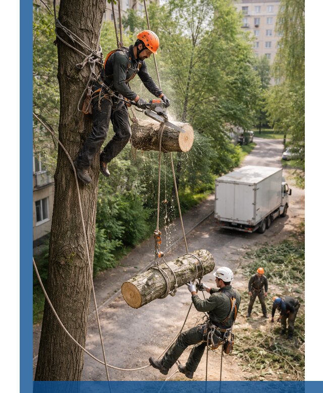 Спил деревьев альпинистами в Глазове, безопасно и без повреждений