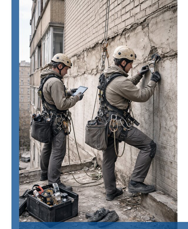 Обследование фасада промышленными альпинистами в Глазове